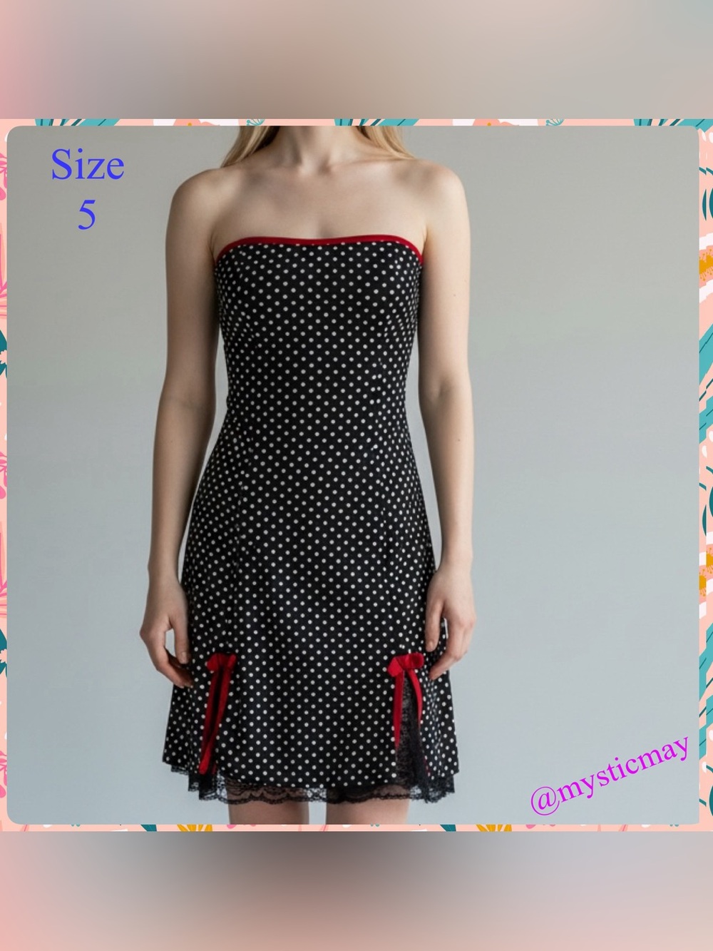 Juniors BCX Burgundy Trim BLACK POLKA DOT STRAPLESS DRESS w Tulle & Lace Size 5